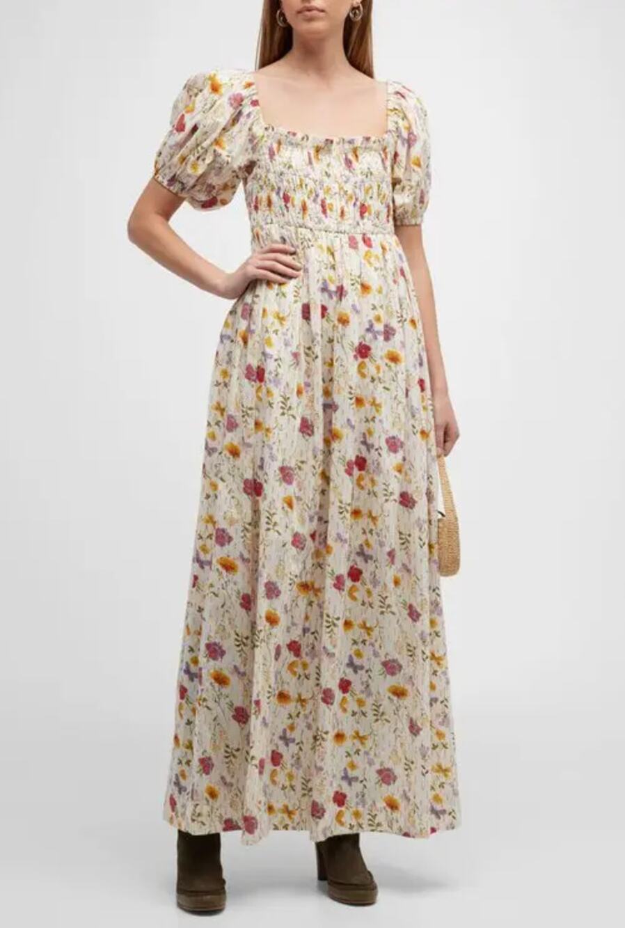 EDDY Tuckernuck Aurora Lurex Puff Sleeve Smocked Empire Maxi Dress Floral Gold S